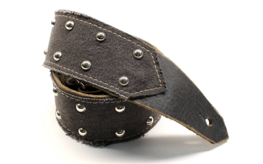 Black Leather Guitar Strap with Denim and Studs Sale