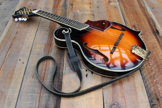 F Style Mandolin Strap Made With Black Leather on Sale