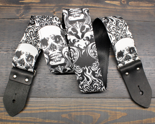 Guitar Strap With Skull And Flames Made On Custom Printed Fabric and Seat belt Material Online now