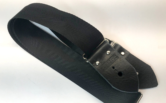 Black Guitar Strap Made From Seat Belt Material With Leather Ends Online Sale