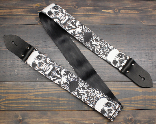 Guitar Strap With Skull And Flames Made On Custom Printed Fabric and Seat belt Material Online now