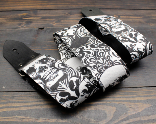 Guitar Strap With Skull And Flames Made On Custom Printed Fabric and Seat belt Material Online now