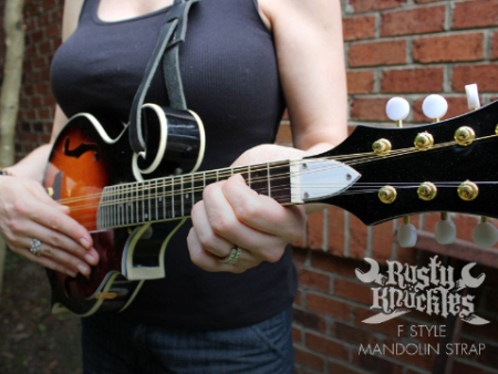 F Style Mandolin Strap Made With Black Leather on Sale